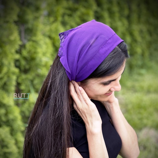 NEW Purple Stretch tulle Headband Kerchief Church headwrap Embroidered chapel little mantilla any color RUTTSHOP