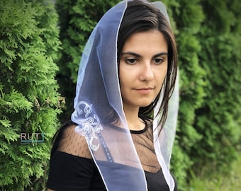 White embroidered Scarf head wrap Church Scarf head covering Orthodox veils Catholic veil Church or Chapel veil mantilla scarf