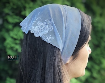 Grey Stretch tulle Headband Kerchief Church headwrap Embroidered chapel little mantilla any color RUTTSHOP