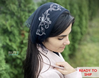 Church square kerchief with embroidered corner Head covering Orthodox veil Catholic veil Church or Chapel veil mantilla scarf