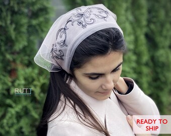 Church square kerchief with embroidered corner Head covering Orthodox veil Catholic veil Church or Chapel veil mantilla scarf