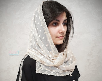 Bige Scarf  Polka dot lace mantilla Headwrap for mass Church head covering Catholic veil more colors RUTTSHOP
