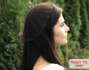 Sparkle Brown Small Catholic veil Church or Chapel round cap Rhinestoned mantilla Girl Head covering cap Cap for mass