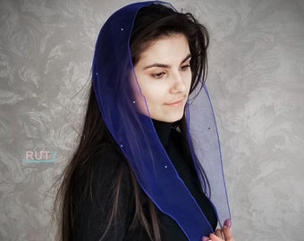 Royal blue Church Scarf with rhinestones Women head covering Orthodox wrap Catholic veil Church or Chapel veil mantilla scarf
