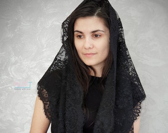 Preto chantilly laço infinito igreja mantilla cabeça cobrindo xale véu católico igreja ou capela véu mantilla cachecol