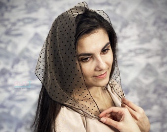 Soft Cappuccino triangle  Kerchief Tulle with velvet polka dots RUTTSHOP Headwrap Latin Mass Head Covering Church Veil