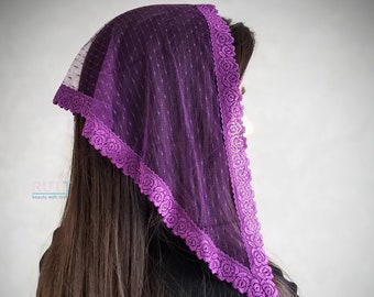 Purple Head wrap dotted Church head covering mantilla Orthodox veil Catholic shawl for lent Church or Chapel veil mantilla scarf