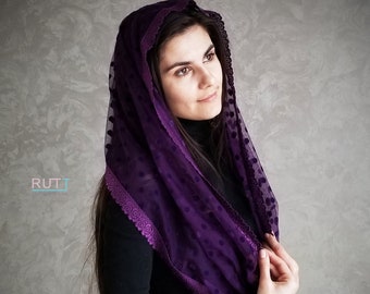 Purple Infinity head covering shawl for lent Polka dot flex tulle Orthodox veils Catholic veil Church or Chapel veil mantilla scarf