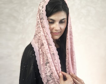 Mantilla de iglesia infinita con encaje floral rosa, chal para cubrir la cabeza, velo católico, velo de iglesia o capilla, mantilla, bufanda