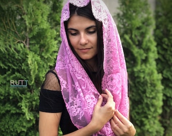 Chal de mantilla de iglesia Infinity con encaje Chantilly suave rosa, velo católico, velo de iglesia o capilla, mantilla, bufanda
