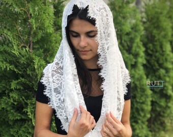Chal de mantilla de iglesia Infinity con encaje floral blanco roto, velo católico, velo de iglesia o capilla, mantilla, bufanda