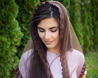 Brown Infinity head covering Catholic veil Church or Chapel veil mantilla scarf Women head wrap for mass