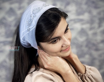 White Church square kerchief with rhinestone decoration Head covering Head band Orthodox veil Catholic veil Church or Chapel wrap All colors