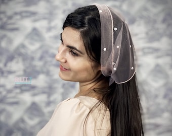White pearls on blush tulle Scarf Church head covering Orthodox veils Catholic veil Church wrap  Chapel veil mantilla RUTTSHOP scarf