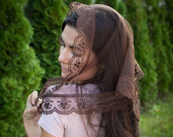 Brown Triangle Scarf with lace Church  head covering Orthodox veils Catholic veil Church or Chapel veil mantilla scarf