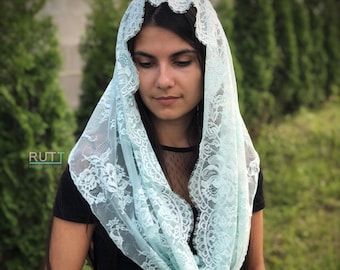 Mint Soft Chantilly lace Infinity Church mantilla head covering shawl Catholic veil Church or Chapel veil mantilla scarf