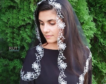 Traditional Catholic Black mantilla with silver embroidery Catholic Church or Chapel veil Embroidered Head covering