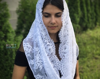 White Soft Chantilly lace Infinity Church mantilla head covering shawl Catholic veil Church or Chapel veil mantilla scarf RUTTSHOP