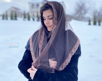 Brown dotted lace mantilla Long Church head covering  veil Catholic wrap  Chapel veil mantilla scarf More colors