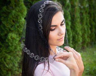Iglesia Cubierta de cabeza negra con diamantes de imitación gris oscuro Velos ortodoxos Chal católico Mantilla de velo de iglesia o capilla Bufanda RUTTSHOP
