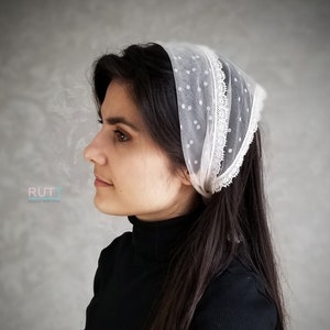 3 in 1 Dotted Headband\ wrap\ mantilla Church  head covering Orthodox Church or Chapel head wrap