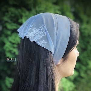 Grey Stretch tulle Headband Kerchief Church headwrap Embroidered chapel little mantilla any color RUTTSHOP