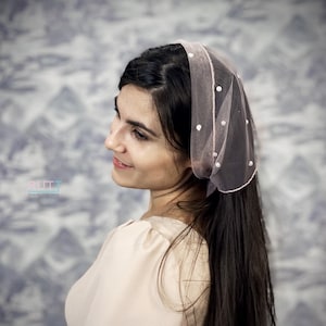 White pearls on blush tulle Scarf Church head covering Orthodox veils Catholic veil Church wrap  Chapel veil mantilla RUTTSHOP scarf