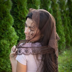 Brown Triangle Scarf with lace Church head covering Orthodox veils Catholic veil Church or Chapel veil mantilla scarf image 1