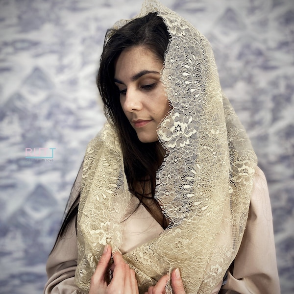 Gold Elegant Chantilly lace Infinity Head wrap Church mantilla head covering shawl Catholic veil Church or Chapel veil mantilla scarf