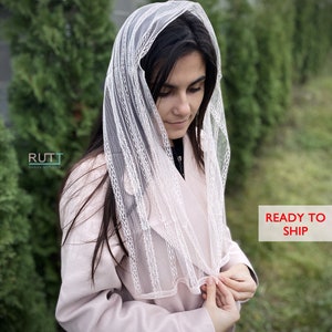 Long beige soft lace Scarf head wrap Church head covering Orthodox head band Catholic veil Church or Chapel veil mantilla scarf