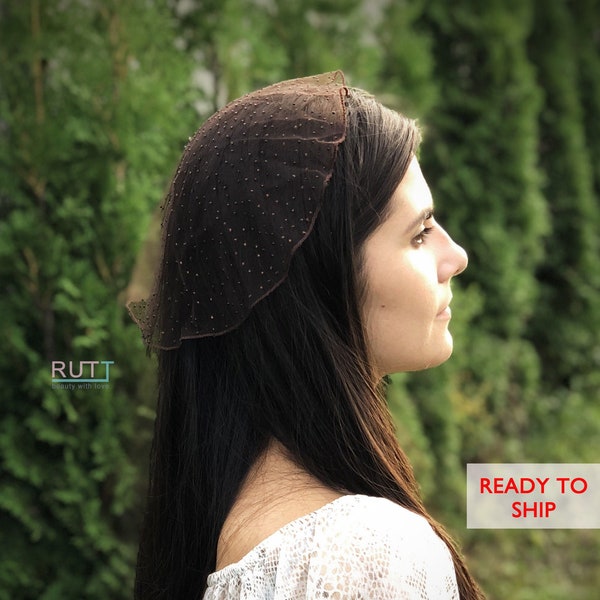 Sparkle Brown Small Catholic veil Church or Chapel round cap Rhinestoned mantilla Girl Head covering cap Cap for mass