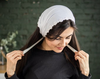 Serre-tête à nouer en coton avec dentelle en lin, foulards en dentelle naturelle, cravates en dentelle naturelle, couvre-chef d'église enveloppement de tête d'église orthodoxe ou de chapelle