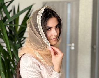 Chal de tul flexible con encaje para cubrir la cabeza, velo cristiano ortodoxo, velo católico, velo de iglesia o capilla, mantilla