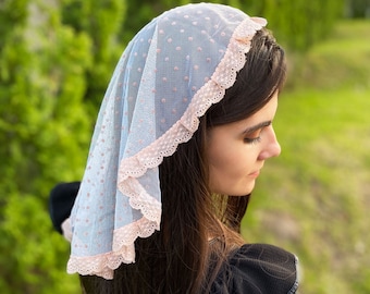 Velo redondo de capilla estilo princesa ruborizado Mantilla de encaje de lunares Pañuelo para la cabeza para misa Cobertura para la cabeza de la iglesia Velo católico Gorro de encaje de capilla