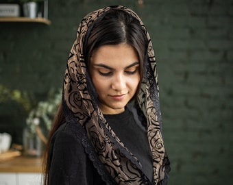Terciopelo Negro decoración floral Mantilla con puntilla Iglesia Pañuelo cubre cabeza Iglesia Católica o Capilla mantilla wrap Más colores