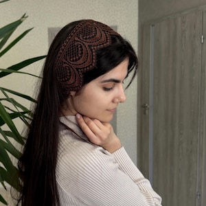 Diadema de encaje marrón para iglesia atada con cintas para cubrir la cabeza, velo ortodoxo, velo católico, velo de iglesia o capilla, mantilla, bufanda