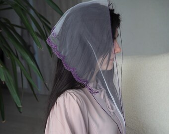 Bufanda cristiana con bordado morado, velo para iglesia, velo ortodoxo, velo católico, velo de iglesia o capilla, mantilla para envolver la cabeza