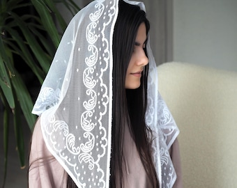 Pañuelo triangular grande de encaje para iglesia con estampado y lunares Pañuelo para la cabeza en blanco o negro Pañuelo para cubrir la cabeza Mantilla para iglesia o capilla católica