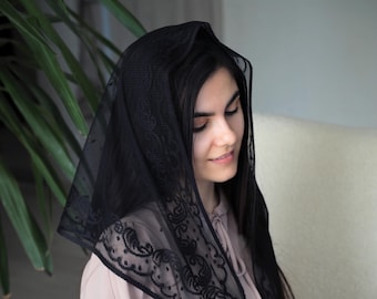 Pañuelo triangular grande de encaje para iglesia con estampado y lunares Pañuelo para la cabeza en blanco o negro Pañuelo para cubrir la cabeza Mantilla para iglesia o capilla católica