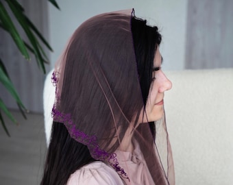 Bufanda cristiana con bordado morado, velo para iglesia, velo ortodoxo, velo católico, velo de iglesia o capilla, mantilla para envolver la cabeza