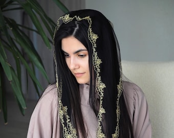Pañuelo de iglesia bordado negro para mujer, velo para la cabeza ortodoxo, velo católico, velo de iglesia o capilla, mantilla, pañuelo MÁS COLORES