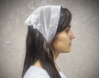 Embroidered semi-scarf Soft stretch tulle Church head covering RUTT Orthodox head wrap Little Chapel mantilla veil with gorgeous embroidery