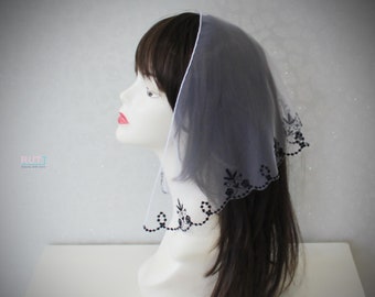 White Church veil tulle with black embroidery Christian head wrap head covering Orthodox veil Catholic veil Church or Chapel veil mantilla