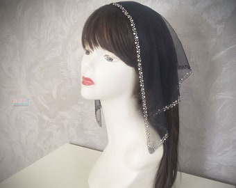 Black head covering Orthodox mantilla with rhinestone decortion Catholic Church or Chapel veil mantilla scarf wrap