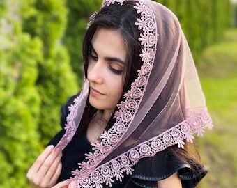 Pañuelo triangular con encaje para cubrir la cabeza de la iglesia, velo ortodoxo, velo católico, velo de iglesia o capilla, mantilla