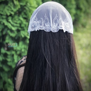 Grey Stretch tulle Headband Kerchief Church headwrap Embroidered chapel little mantilla any color RUTTSHOP image 4