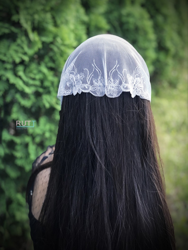 Grey Stretch tulle Headband Kerchief Church headwrap Embroidered chapel little mantilla any color RUTTSHOP image 4