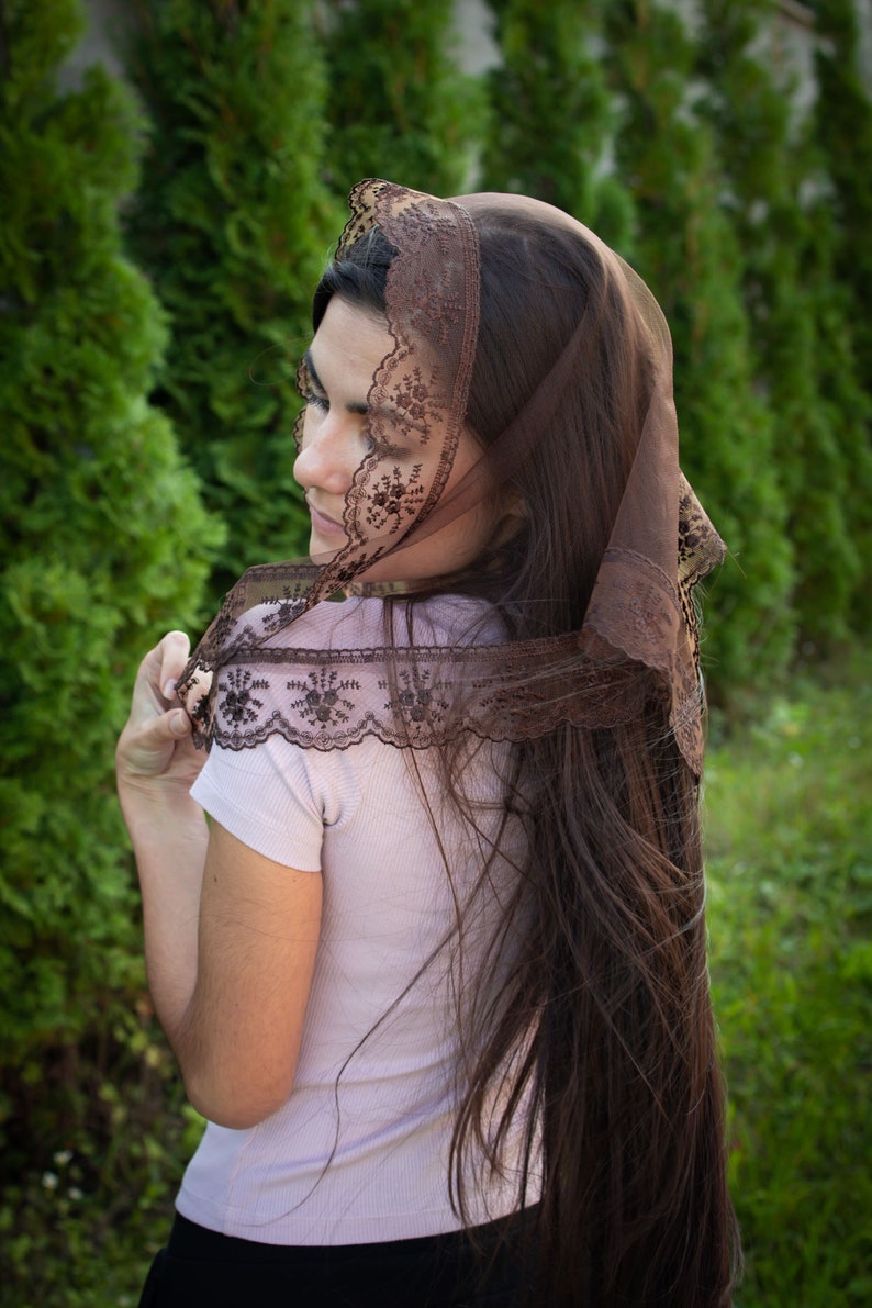 Brown Triangle Scarf with lace Church head covering Orthodox veils Catholic veil Church or Chapel veil mantilla scarf image 1