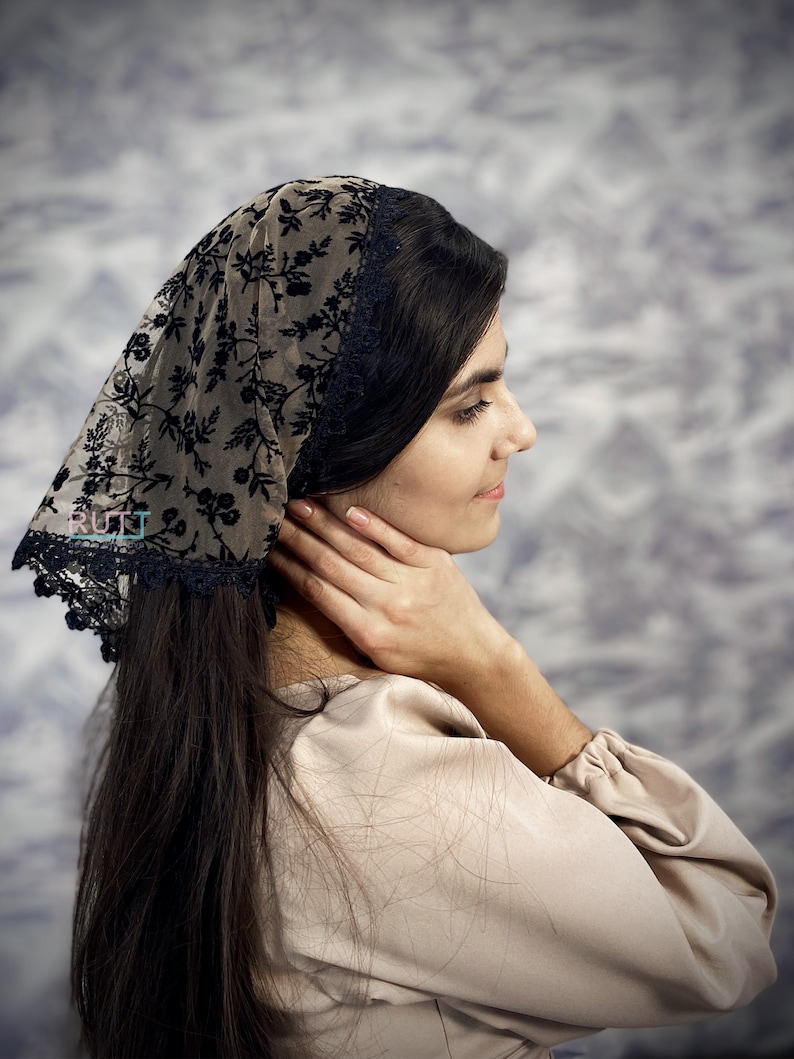 Capuccino black velvet pattern triangle kerchief Head covering Head wrap Orthodox veil Catholic veil Church or Chapel veil mantilla