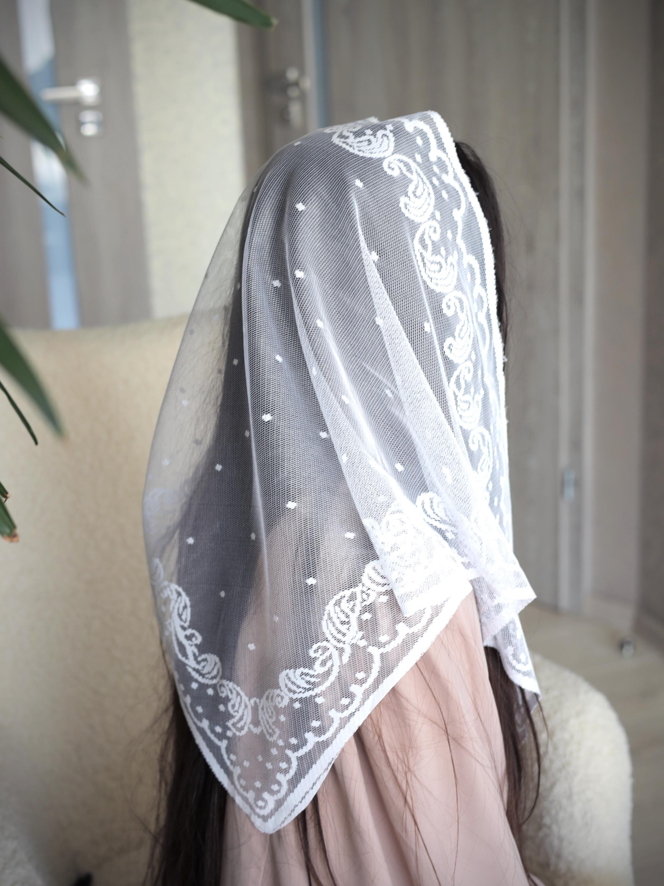 Large Triangular Lace Church Scarf With Pattern and Dots Black or